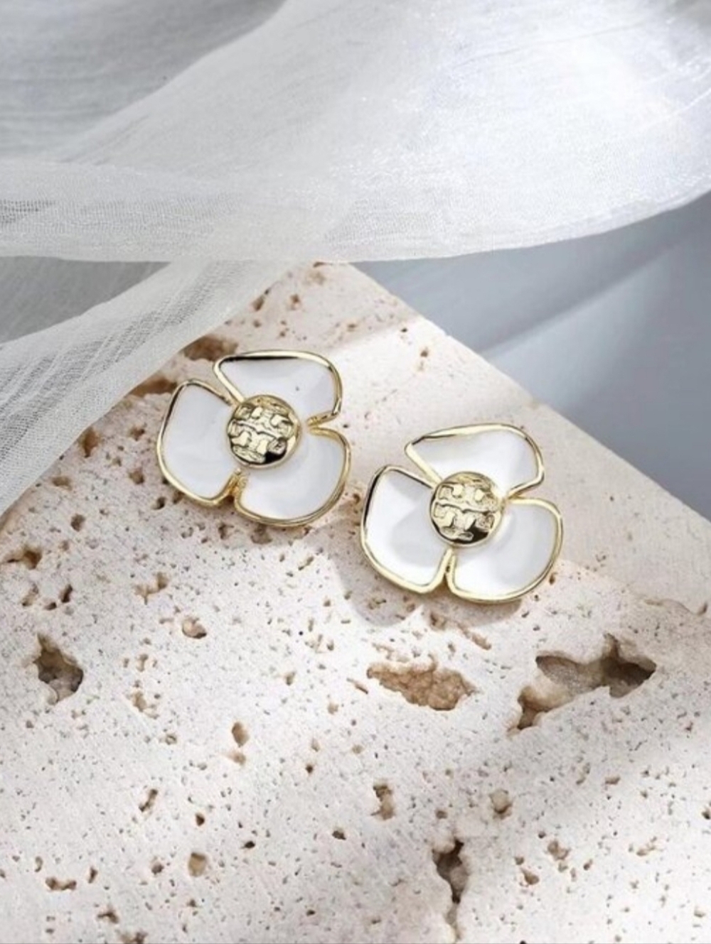 Tory Burch White and Gold Floral Logo Stud Earrings